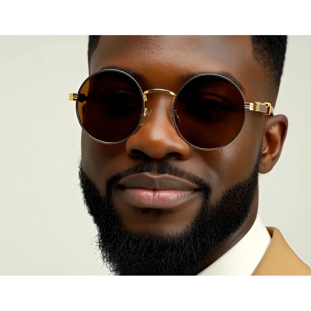 Round‎ Sunglasses Gold Frame Wood Accent Men's Fashion Classic 80's 90's Retro
